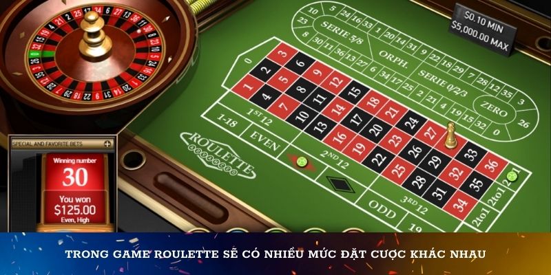Trong game Roulette sẽ có nhiều mức đặt cược khác nhau